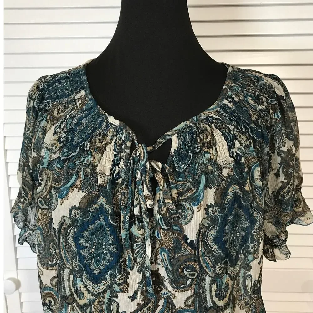 a.n.a. A New Approach Boho Blue Paisley Ruffle Semi Sheer Blouse M - Picture 4 of 9